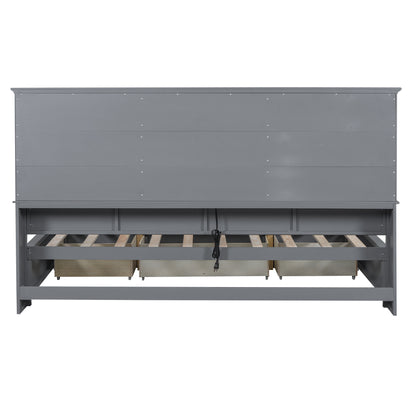 Wood Bed with Multi-Storage Shelves, Charging Station and 3 Drawers, Gray