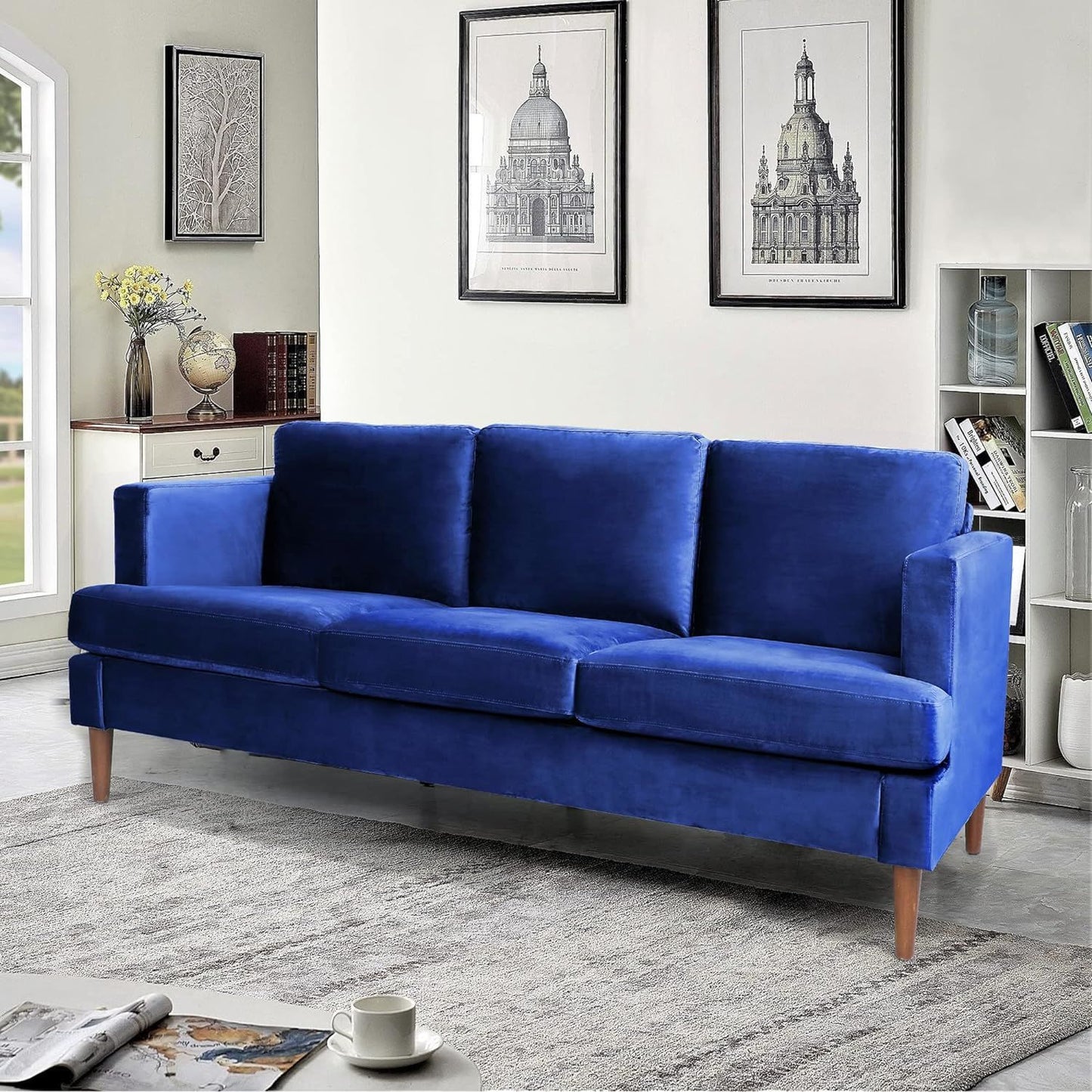 velvet tufted couch, navy blue