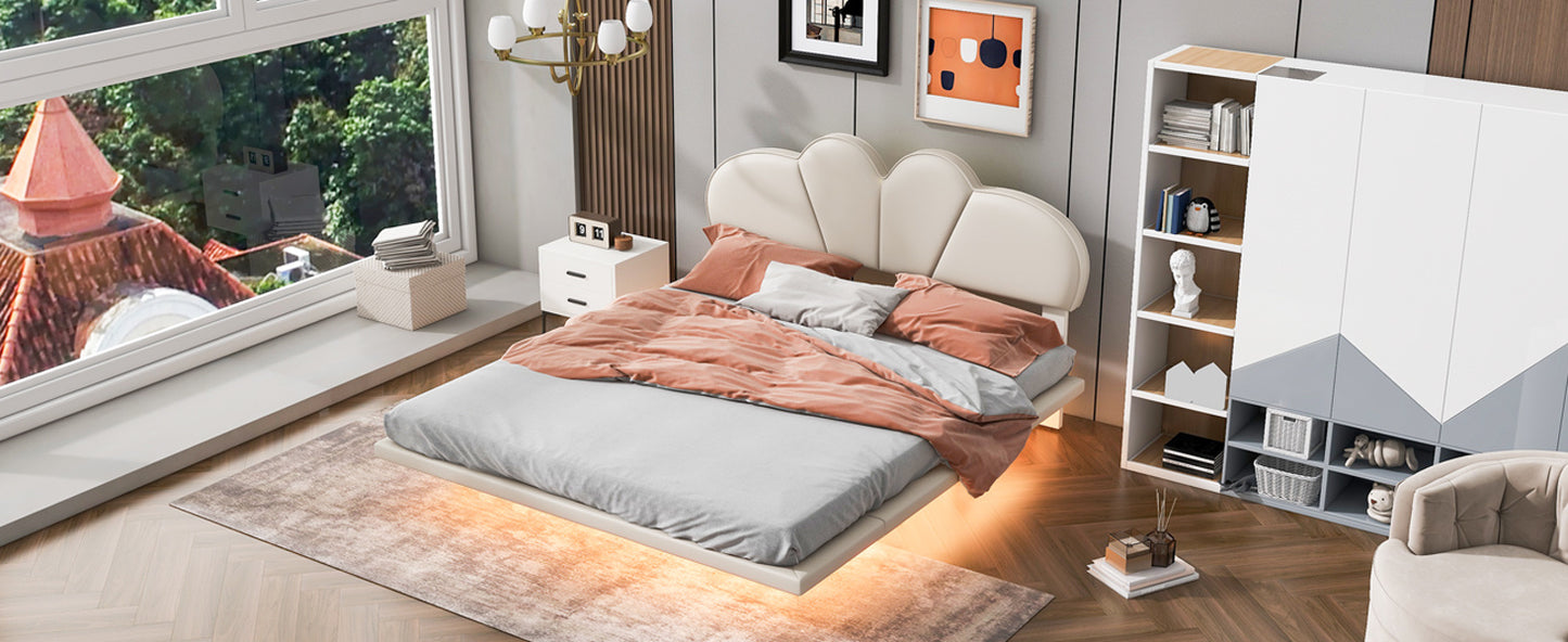 upholstery led floating bed with pu leather headboard