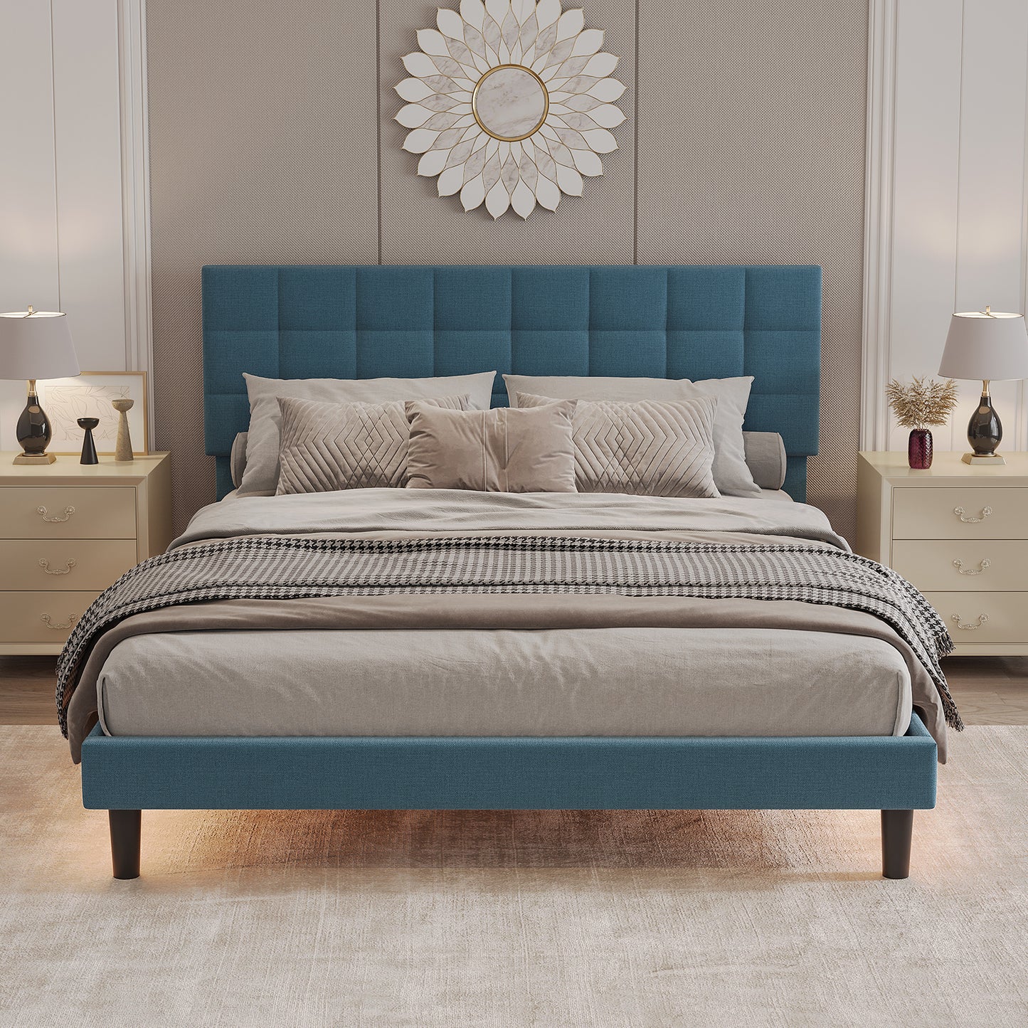 square upholstered platform bed with lights square stitched