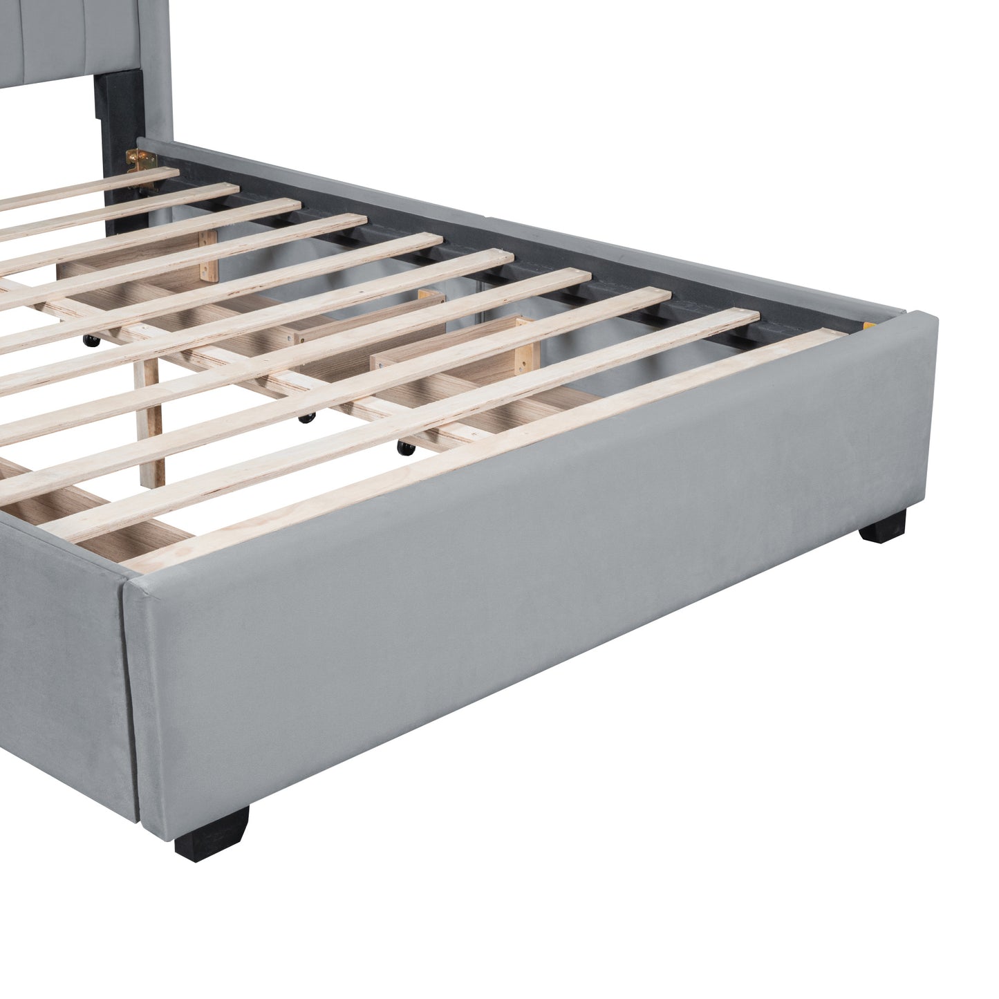 queen size upholstered bed with 4 drawers, gray