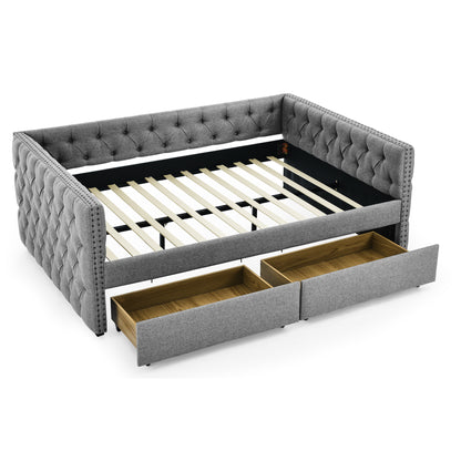 Upholstered Full Size Bed with Two Drawers, Grey