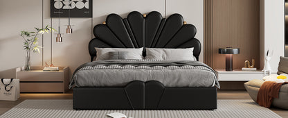 Upholstered Petal Shaped Platform Bed with Hydraulic Storage System, PU Storage Bed, Black