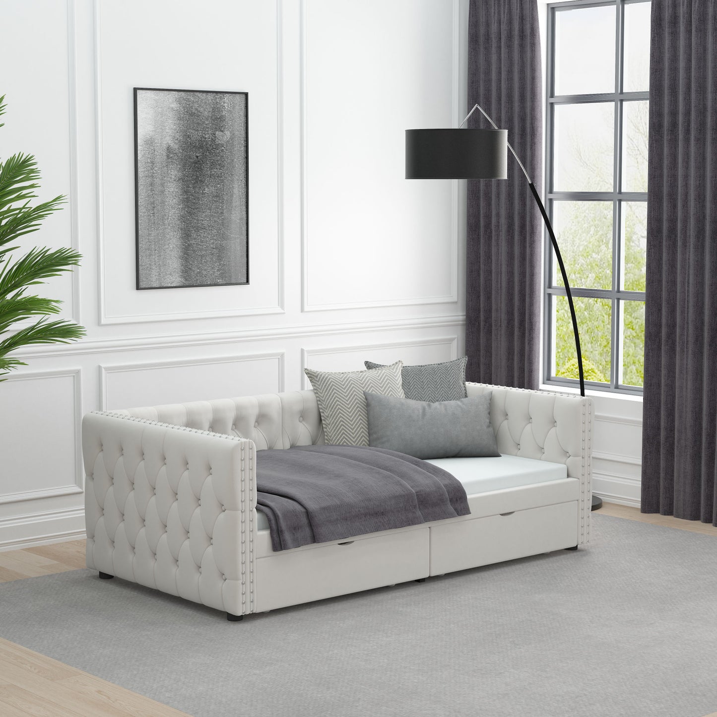 velvet upholstered tufted bed with drawers, white