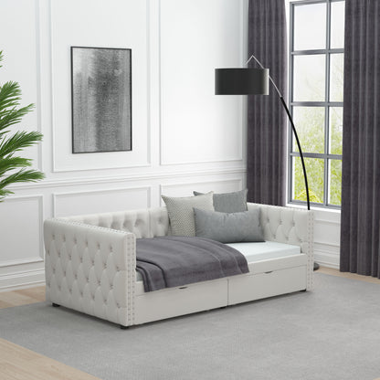 Velvet Upholstered Tufted Bed with Drawers, White
