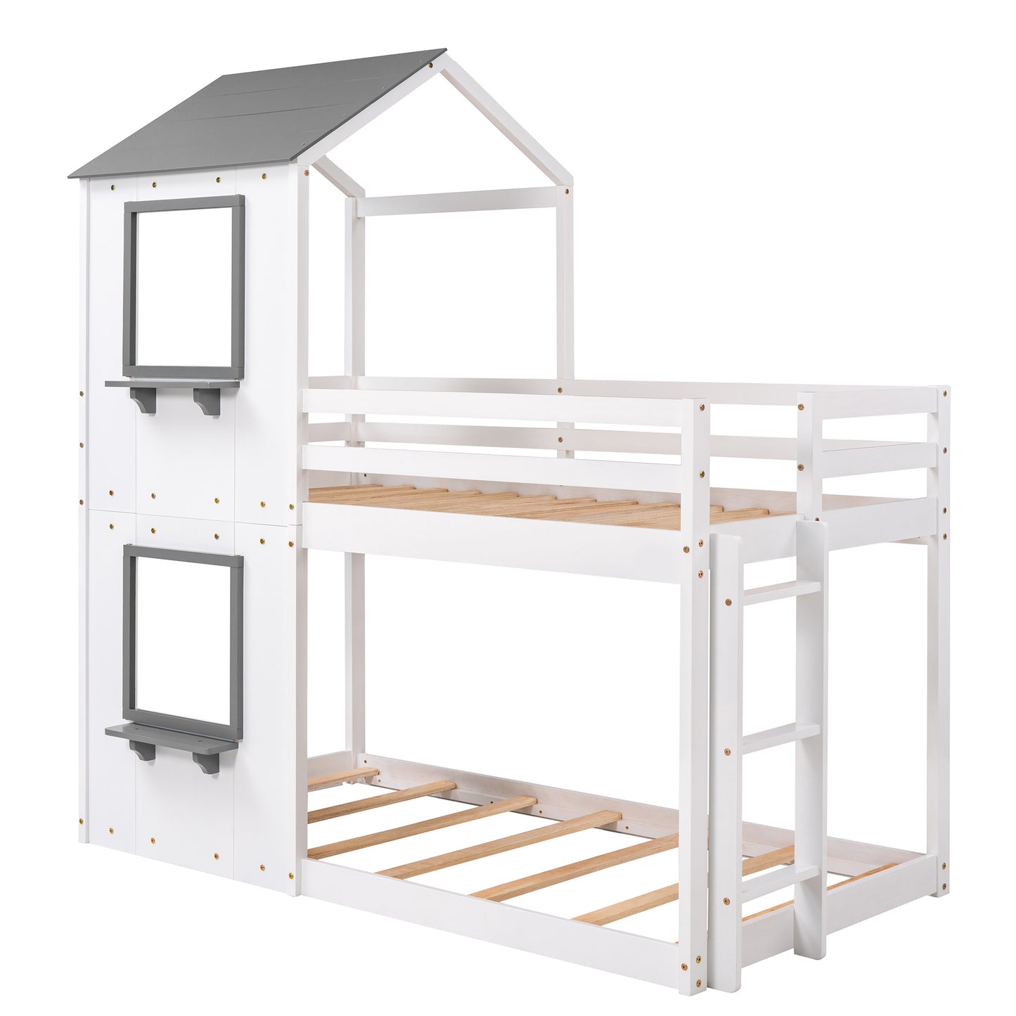 twin over twin bunk bed wood bed with roof, window, guardrail, and ladder