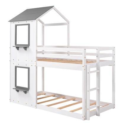 Twin Over Twin Bunk Bed Wood Bed with Roof, Window, Guardrail, and Ladder