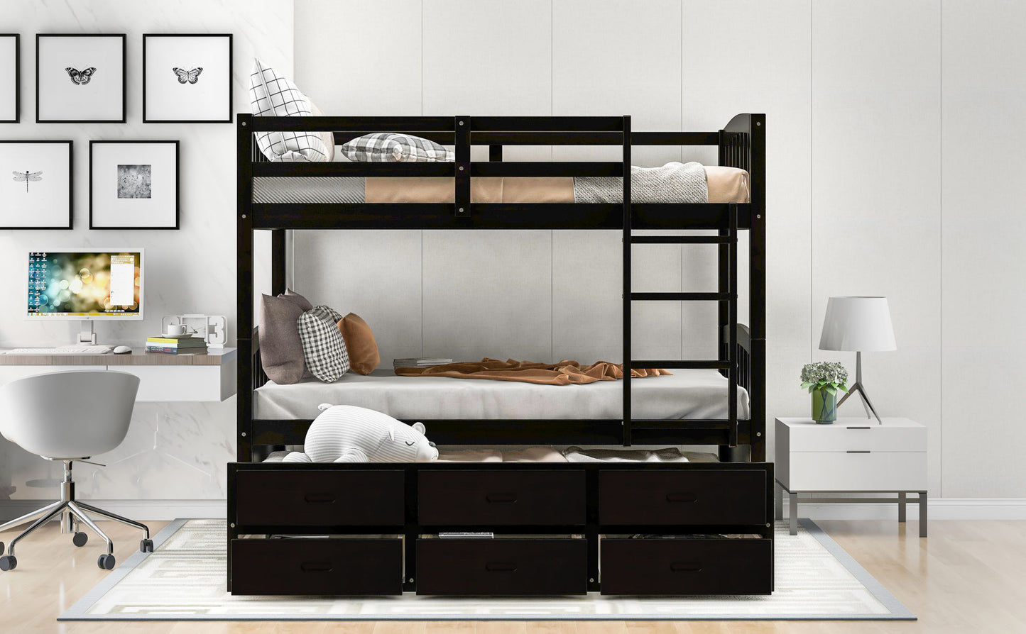 twin over twin wood bunk bed with trundle and drawers,white