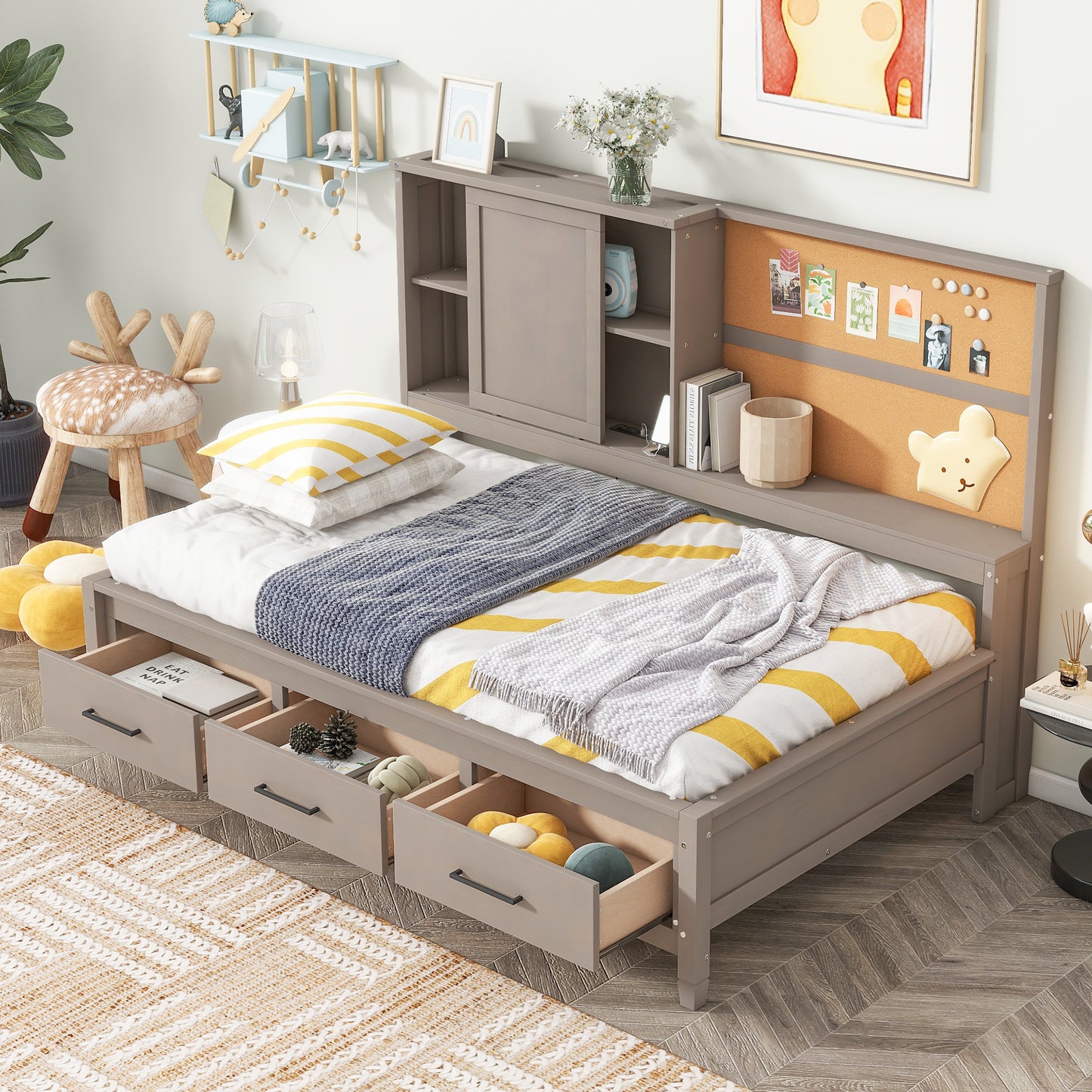twin size lounge daybed with storage shelves, cork board, usb ports and 3 drawers, antique gray