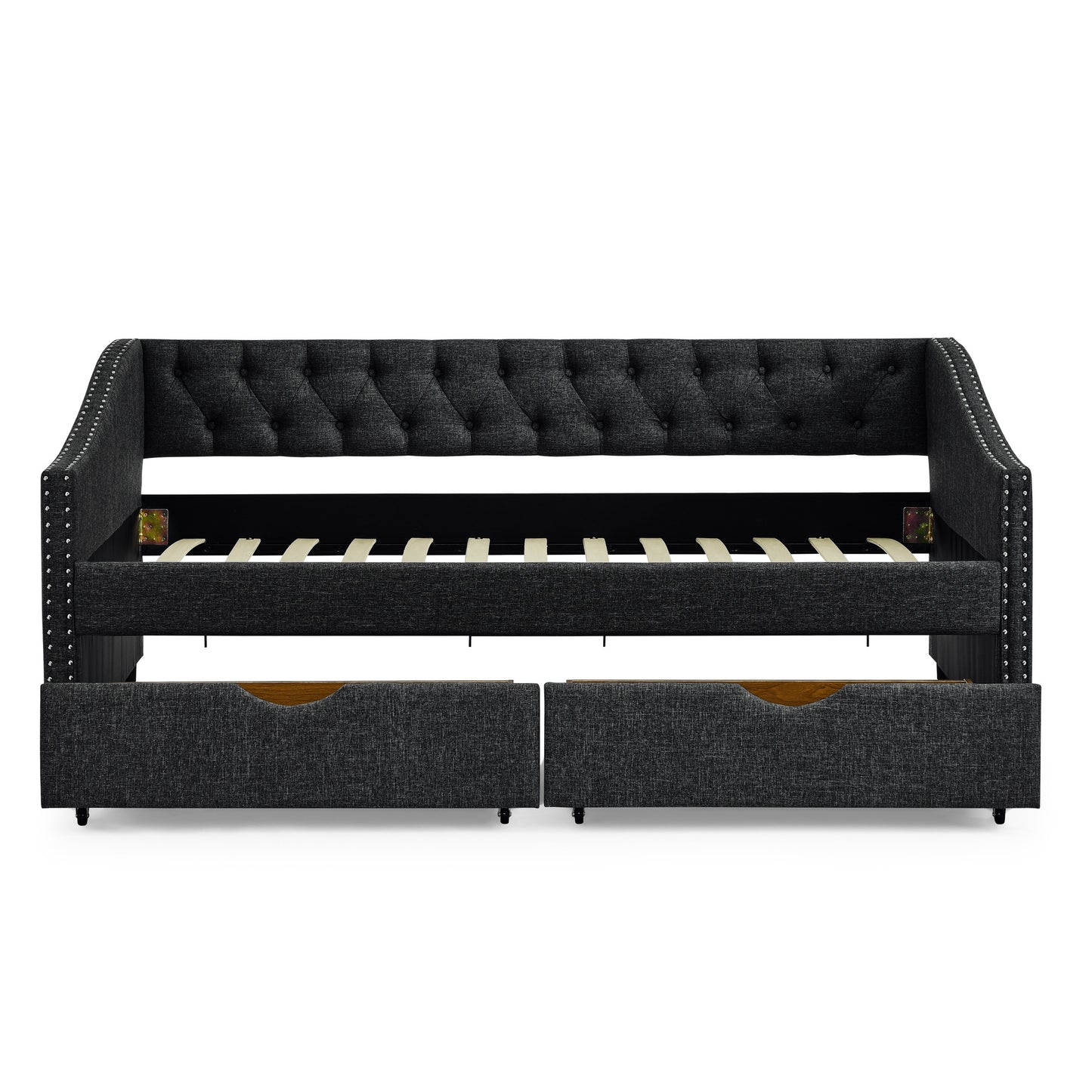 upholstered tufted sofa bed with drawers in grey