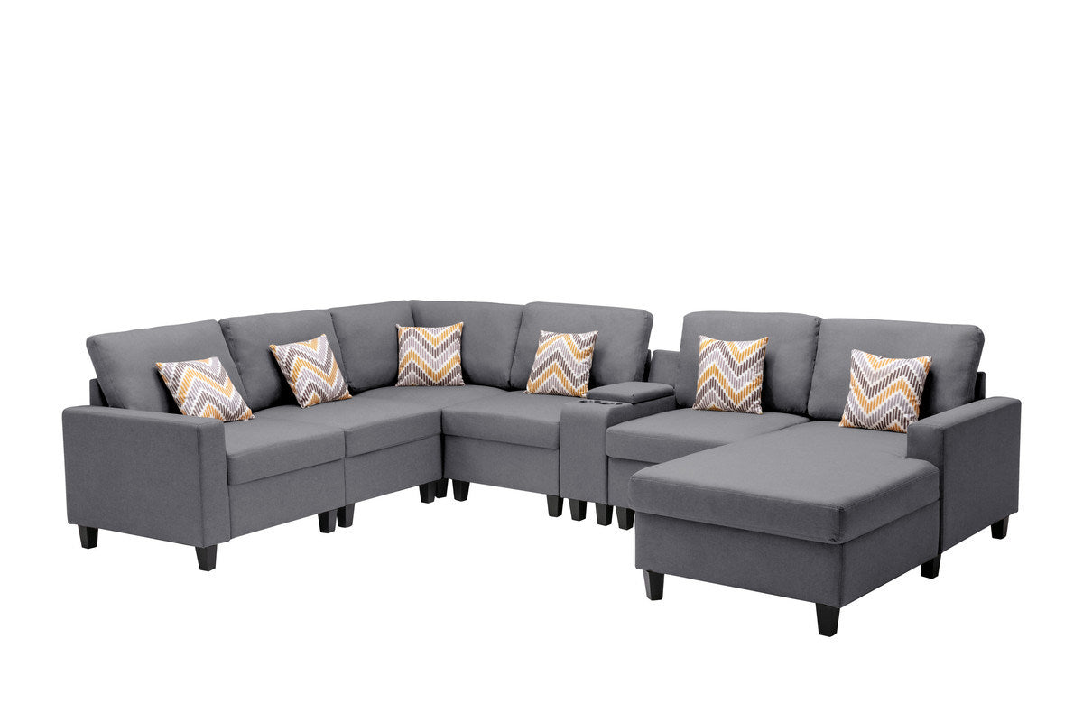 nolan 7pc reversible chaise sectional sofa with a usb, charging ports, cupholders, storage console table and pillows
