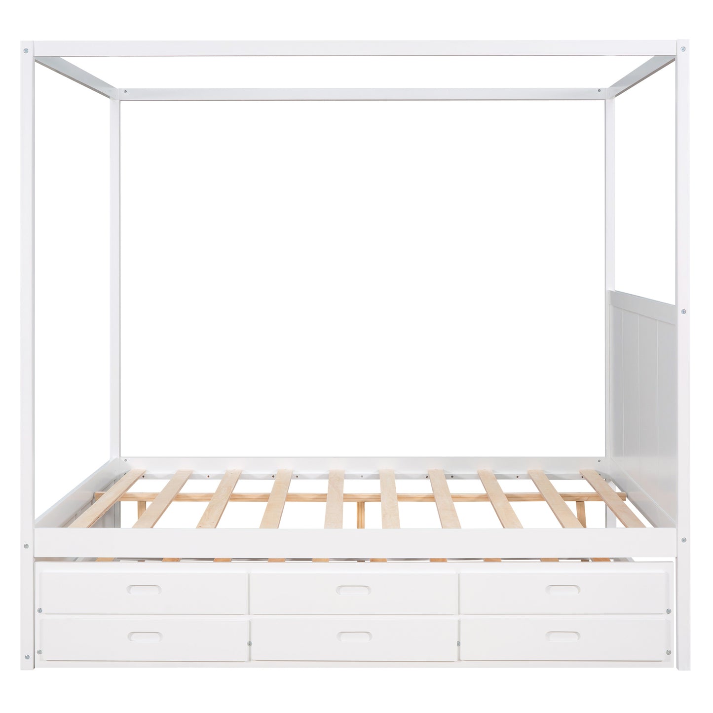 queen size canopy platform bed with twin size trundle and three storage drawers,white