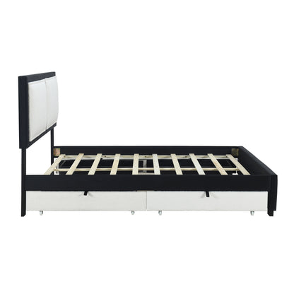 Teddy Upholstered Platform Bed with Large Rivet-decorated Backrests and 4 Drawers, Velvet Black+White