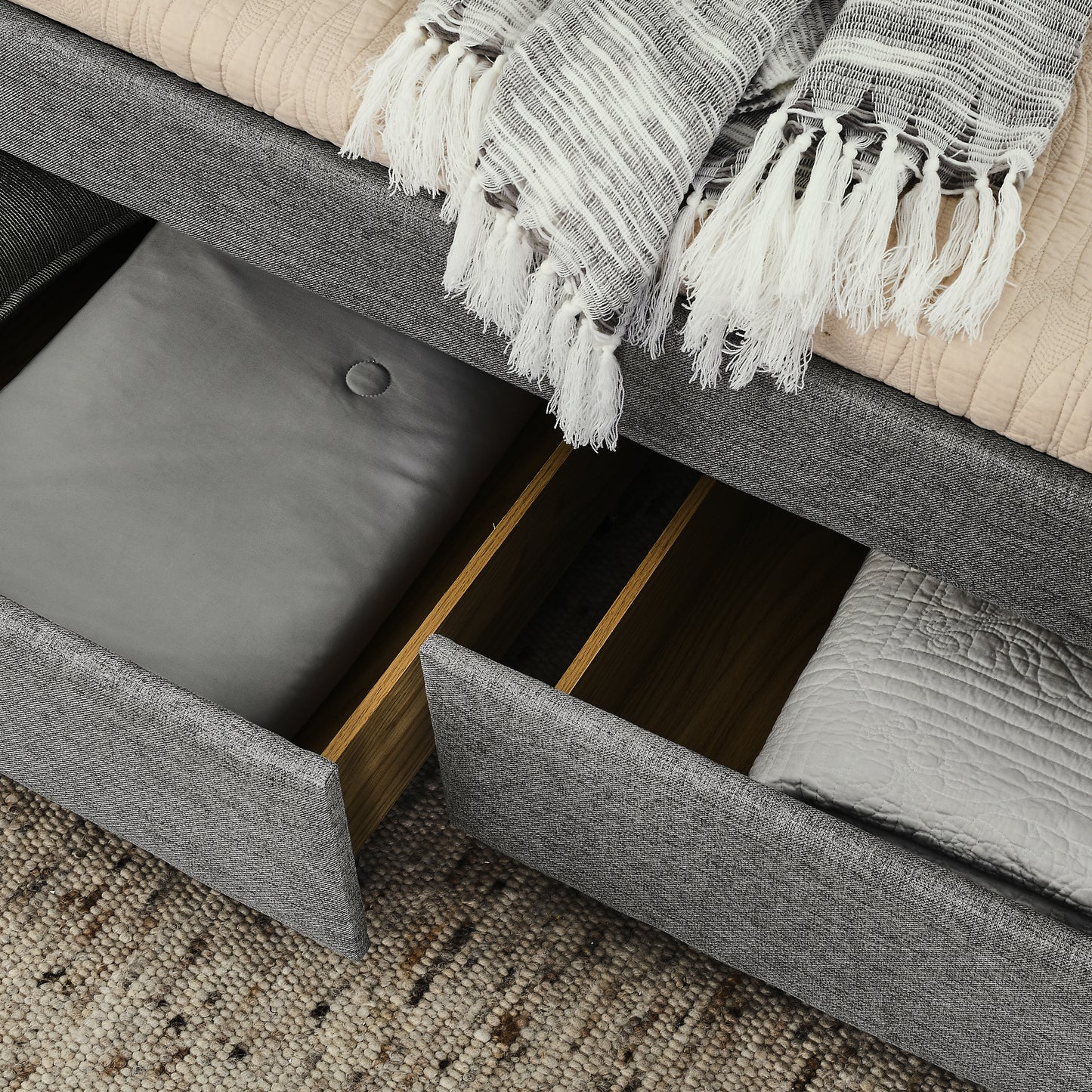 upholstered full size bed with two drawers, grey