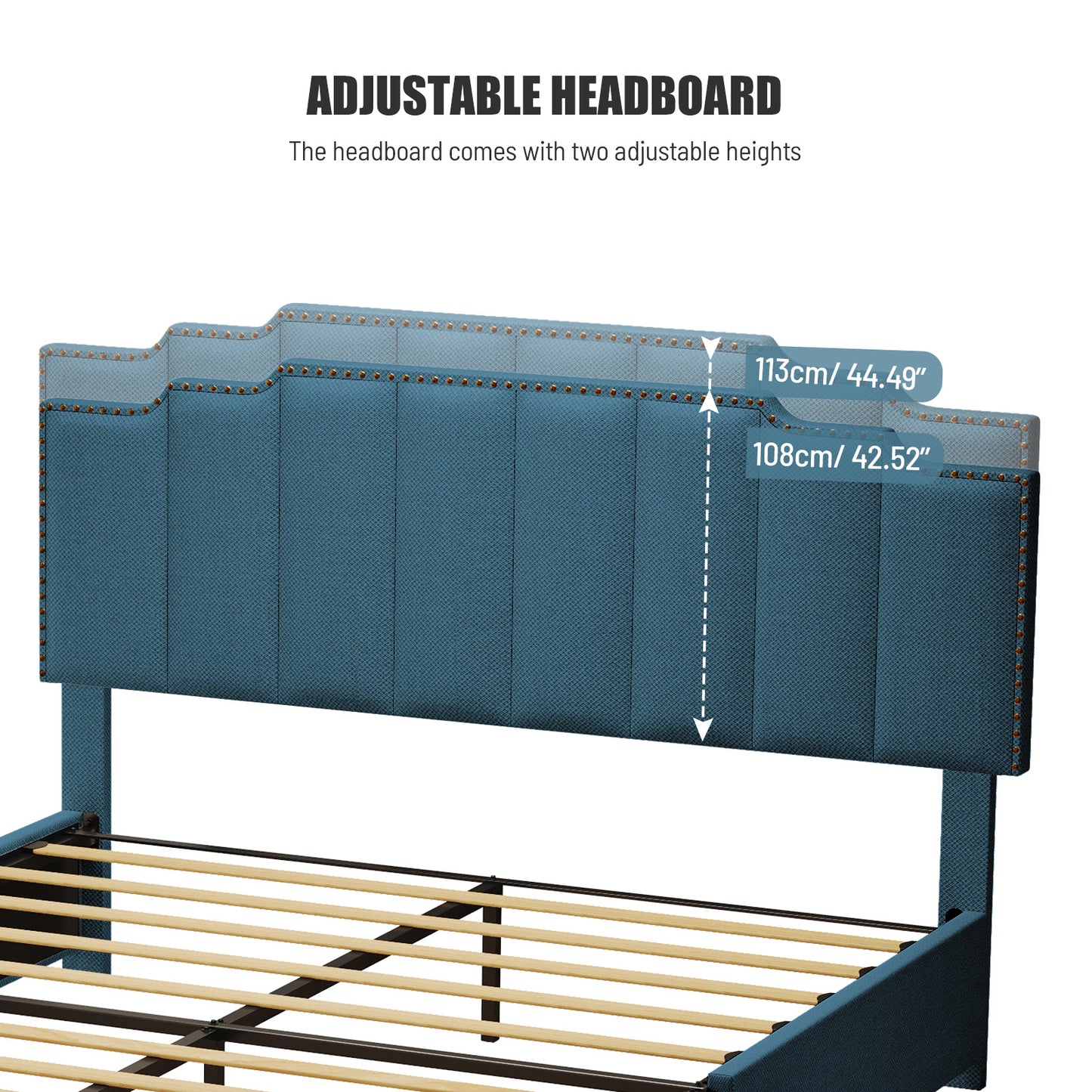 roe upholstered platform bed with 2 drawers stitched