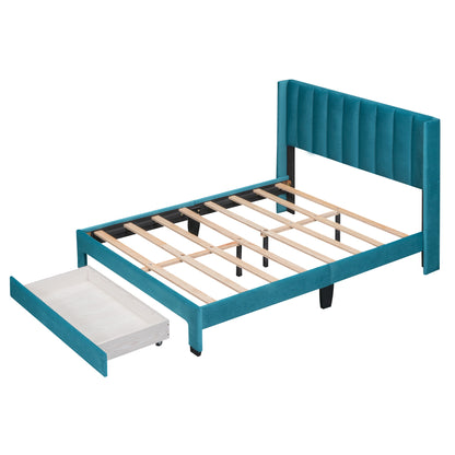 Danny Velvet Upholstered Platform Bed with a Big Drawer - Blue