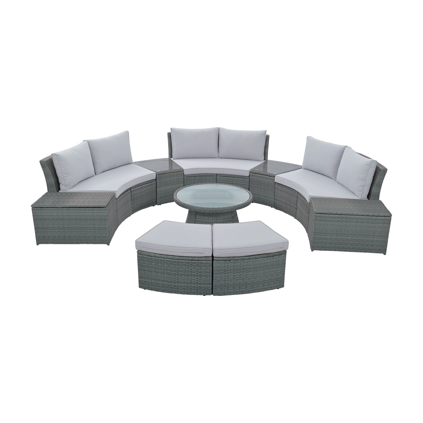 10-piece outdoor sectional half round patio rattan sofa set, light gray