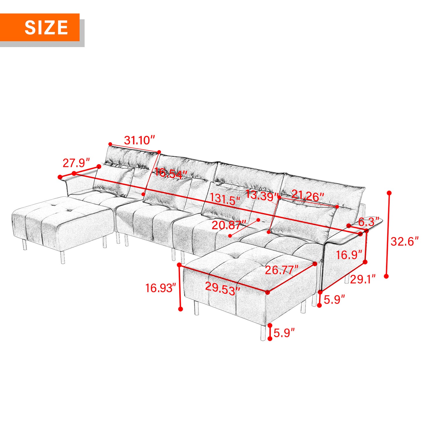 u-shaped sectional sofa with 2 removeable ottoman and 4 pillows