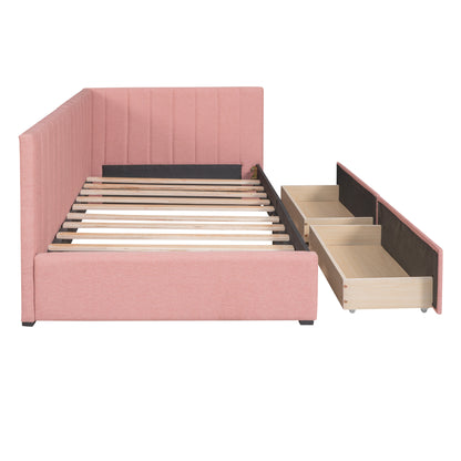 Upholstered Bed with 2 Storage Drawers, Pink