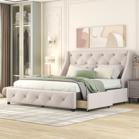 Upholstered Platform Bed with Wingback Tufted Headboard and 4 Drawers, Beige