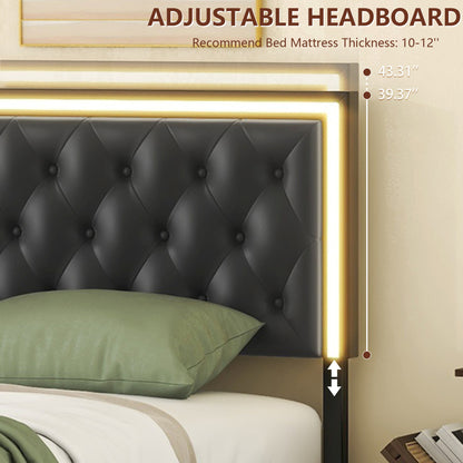 Queen Upholstered PU Leather Platform Bed with LED Headboard, Black