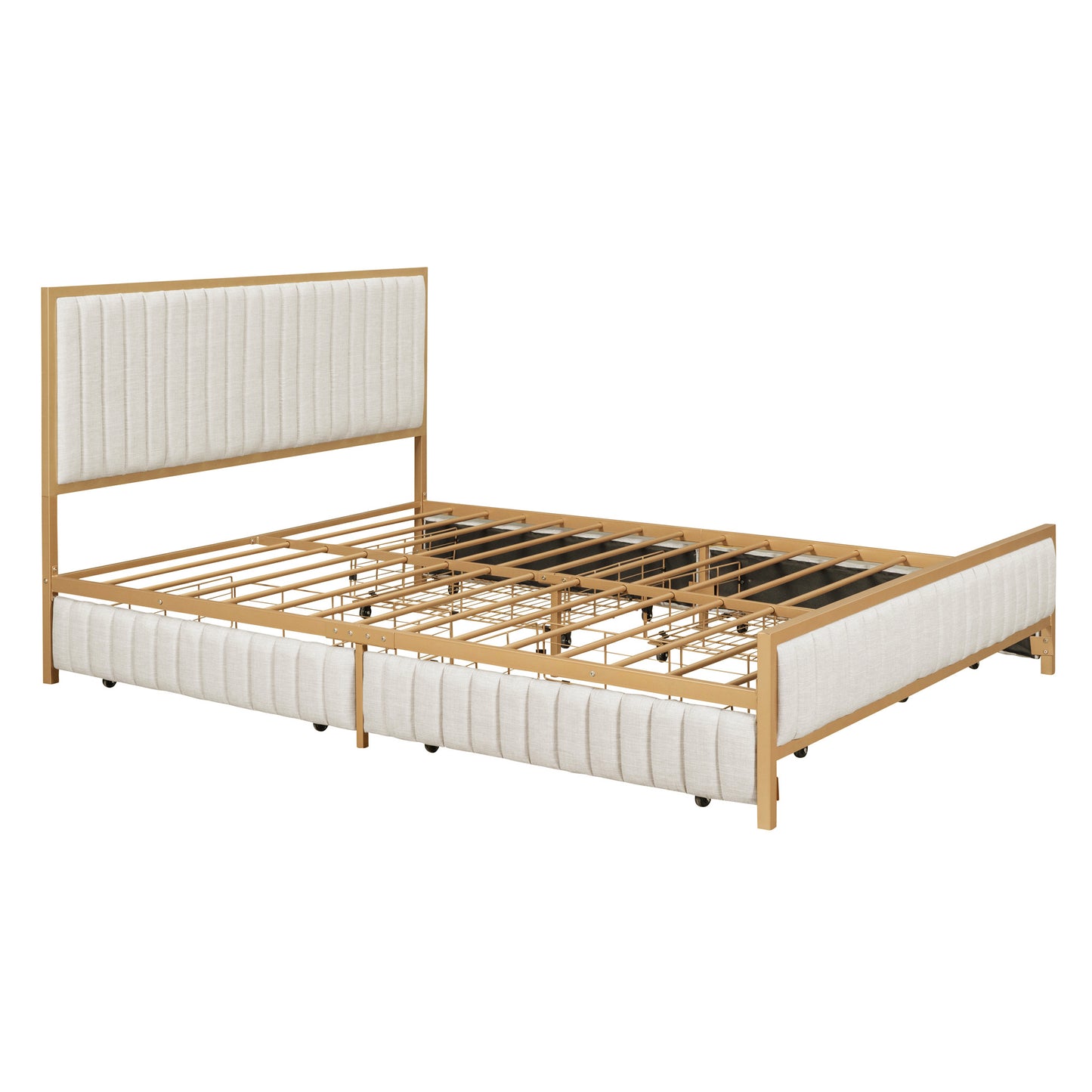 queen size metal frame upholstered bed with 4 drawers, linen fabric, beige