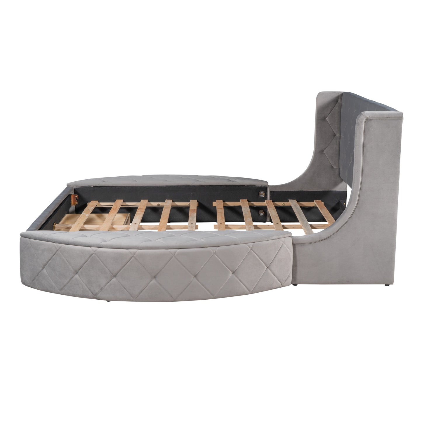 upholstered velvet platform bed with wingback headboard and 1 big drawer; 2 side storage stool