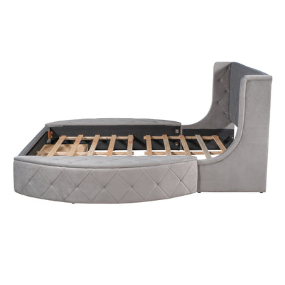 Upholstered Velvet Platform Bed with Wingback Headboard and 1 Big Drawer; 2 Side Storage Stool