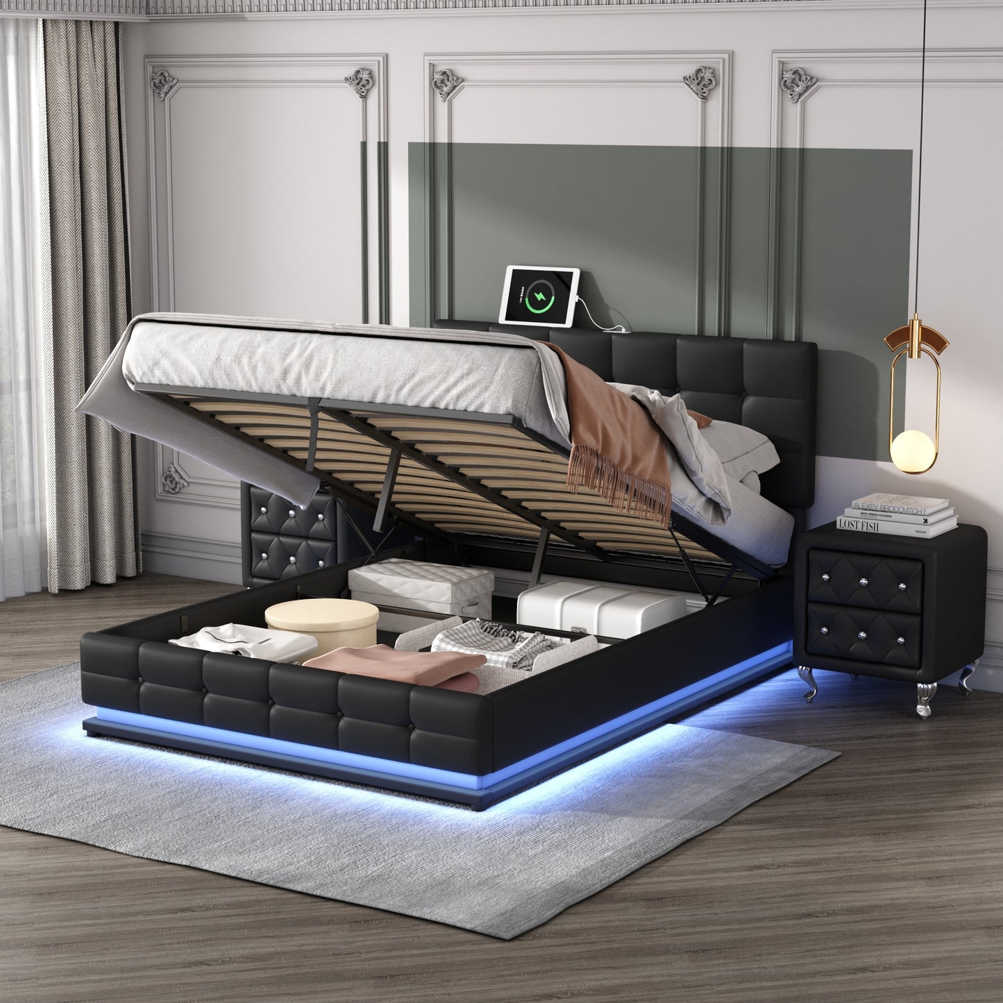 3-pieces upholstered bedroom sets with led lights ,hydraulic storage system, and usb charging station