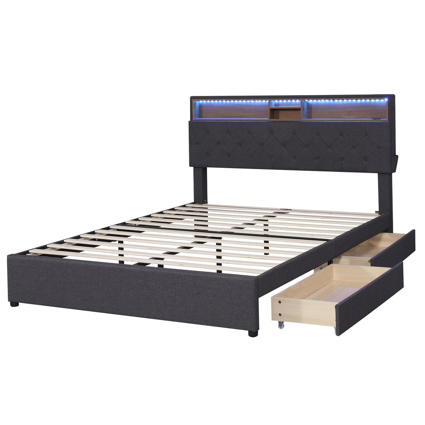 queen size upholstered platform bed with storage headboard, led, usb charging and 2 drawers, dark gray
