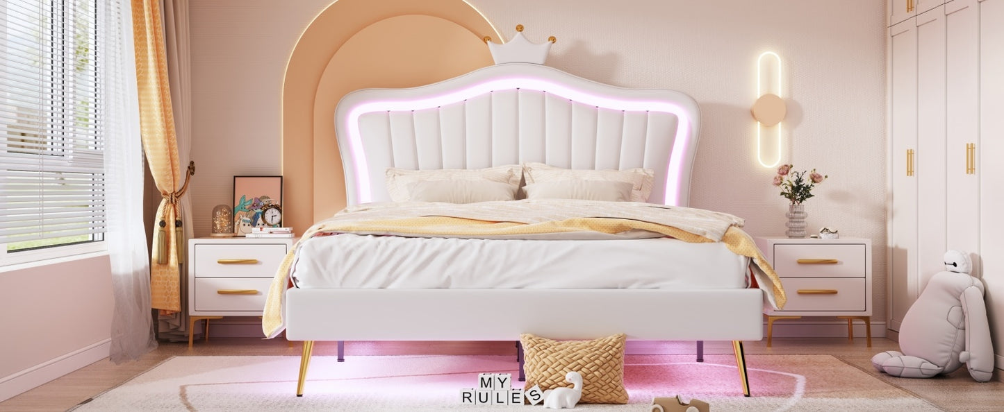 modern upholstered princess bed with crown headboard and led lights, white