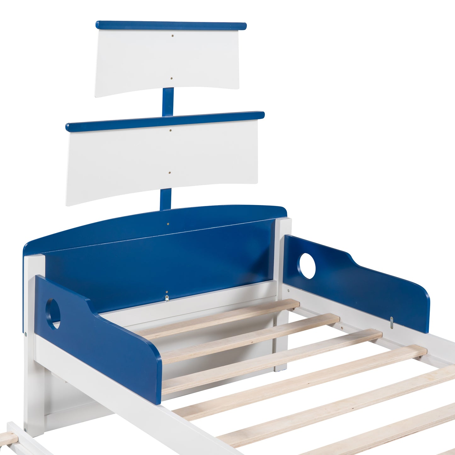 boat-shaped  bed with twin size trundle & storage, blue