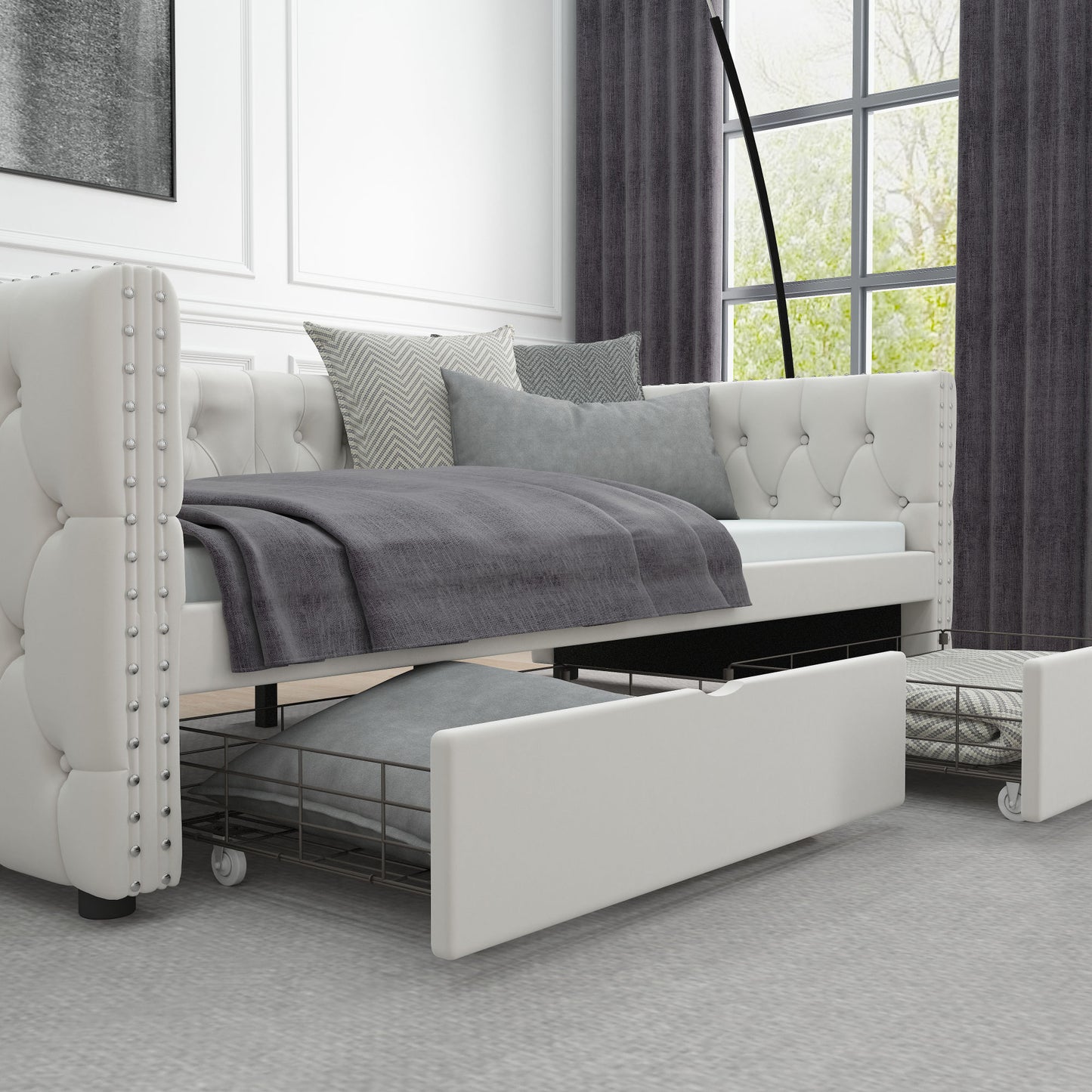 velvet upholstered tufted bed with drawers, white