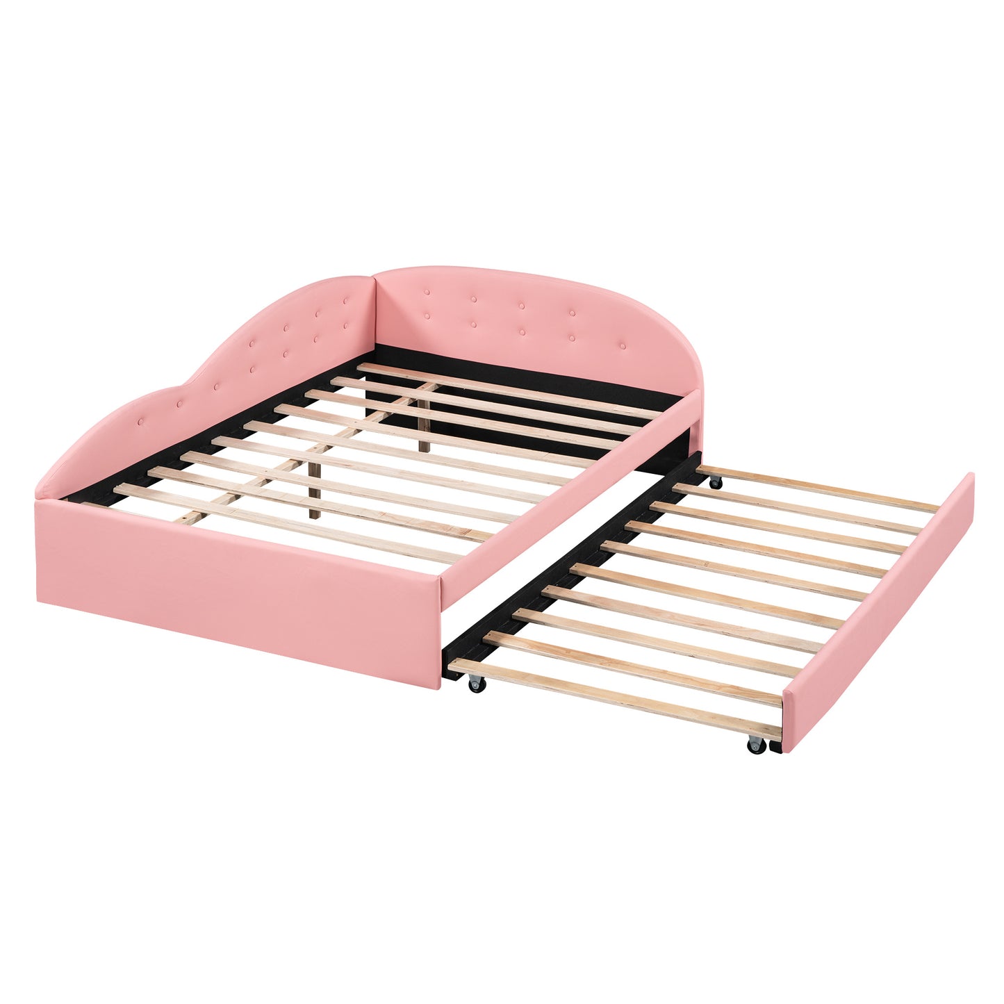 pu upholstered tufted daybed with trundle and cloud shaped guardrail, pink