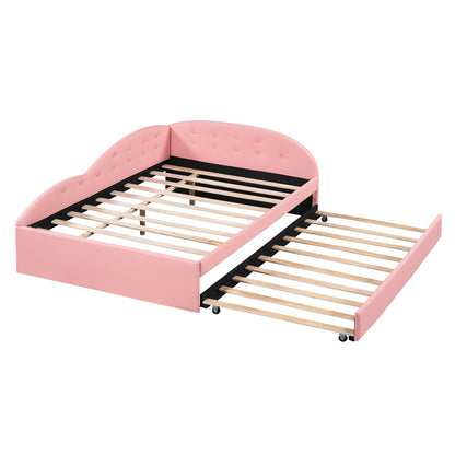 PU Upholstered Tufted Daybed with Trundle and Cloud Shaped Guardrail, Pink