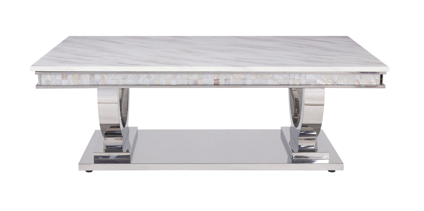 acme zander coffee table, white printed faux marble & mirrored silver finish