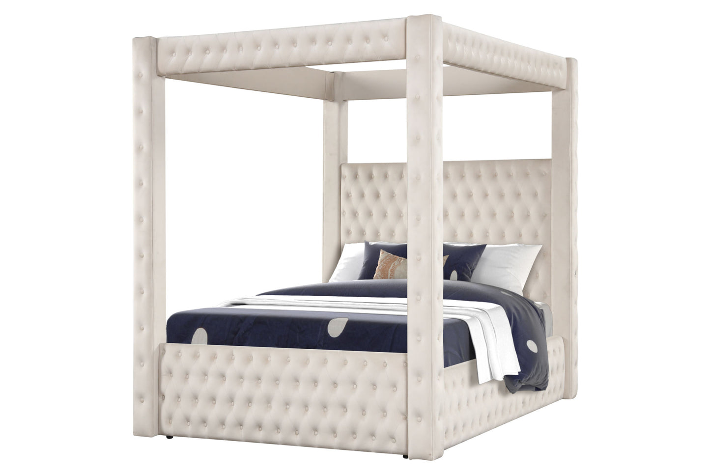 monica luxurious four-poster queen bed made with wood in cream