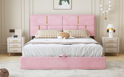 Upholstered Platform Bed with Hydraulic Storage System, Pink