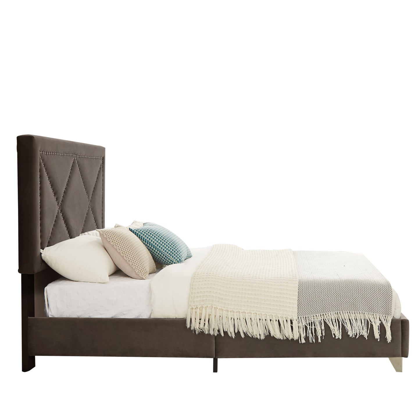 beautiful brass studs adorn the headboard, strong wooden slats + metal legs with electroplate