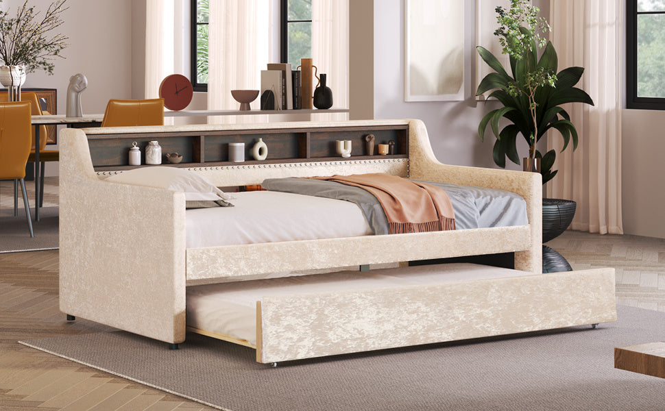 twin size snowflake velvet bed with built-in storage shelves, beige