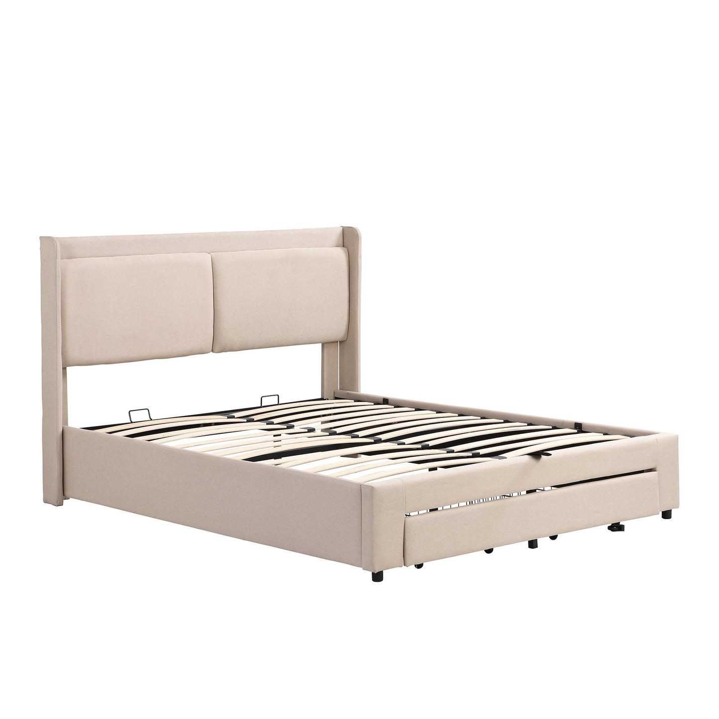 queen size storage upholstered hydraulic platform bed with 2 drawers, beige