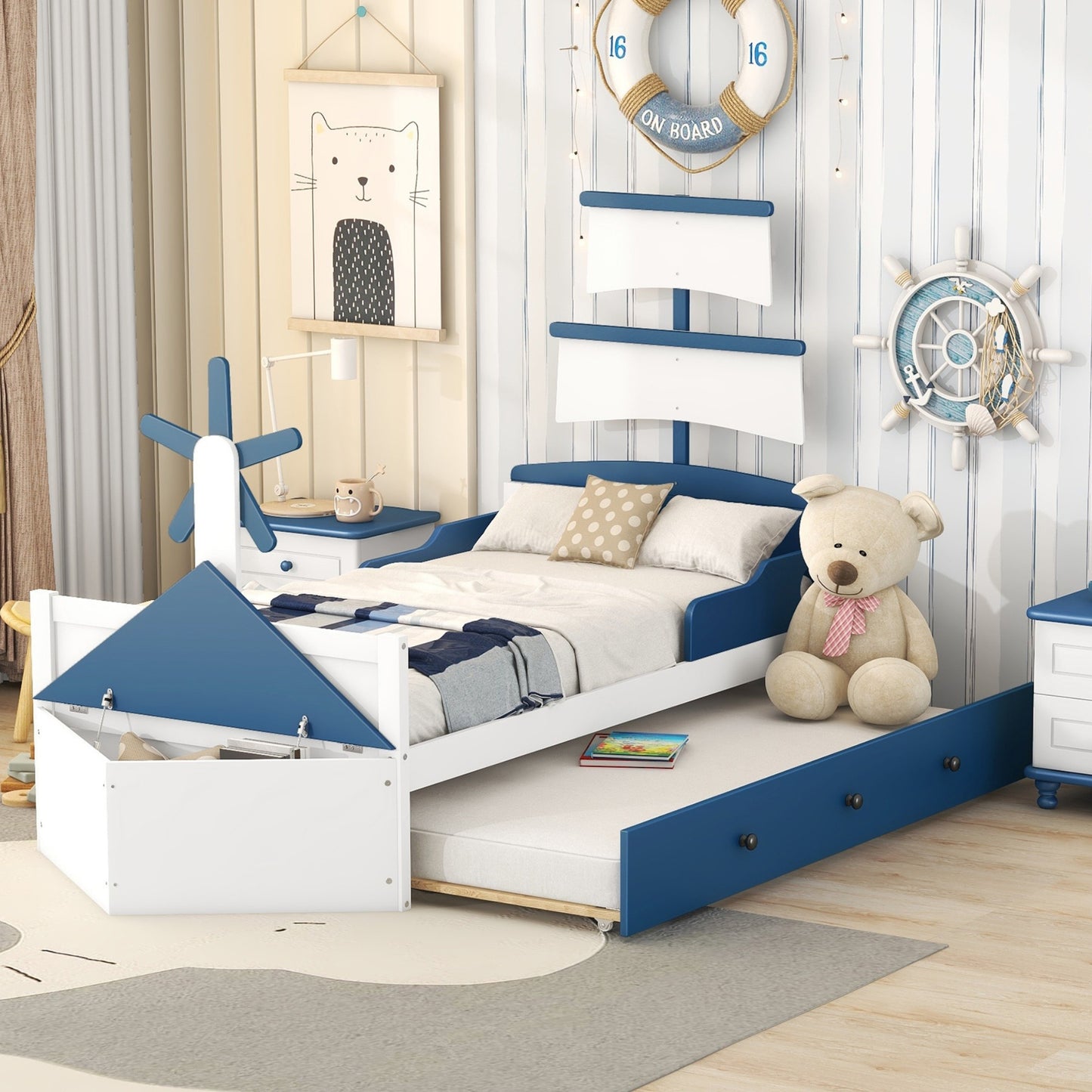 boat-shaped  bed with twin size trundle & storage, blue