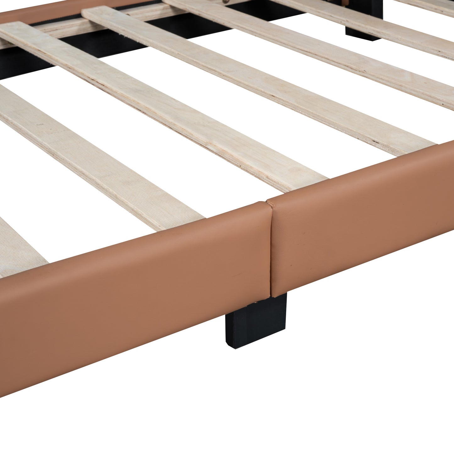 upholstered leather platform bed with lion-shaped headboard, brown