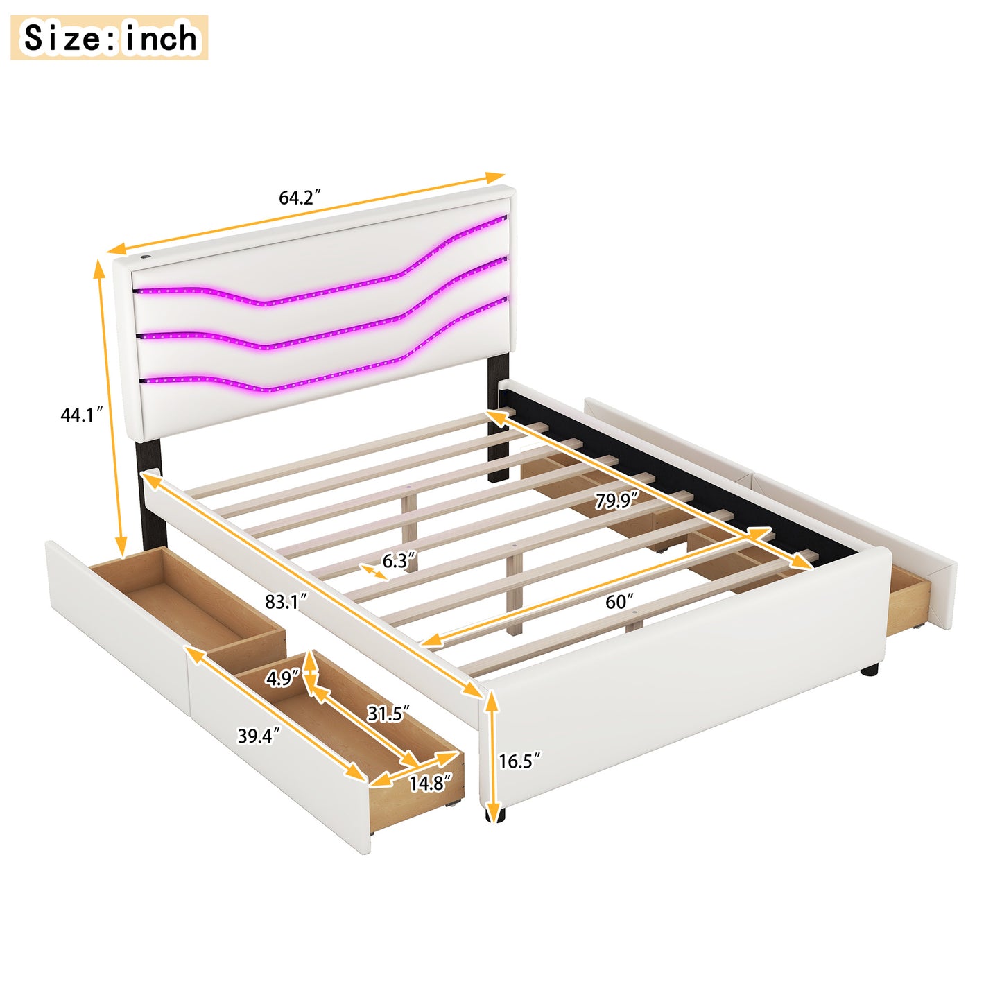 retro upholstered storage platform bed with led, 4 drawers and usb charging, white