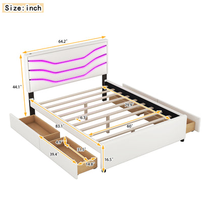 Retro Upholstered Storage Platform Bed with LED, 4 Drawers and USB Charging, White