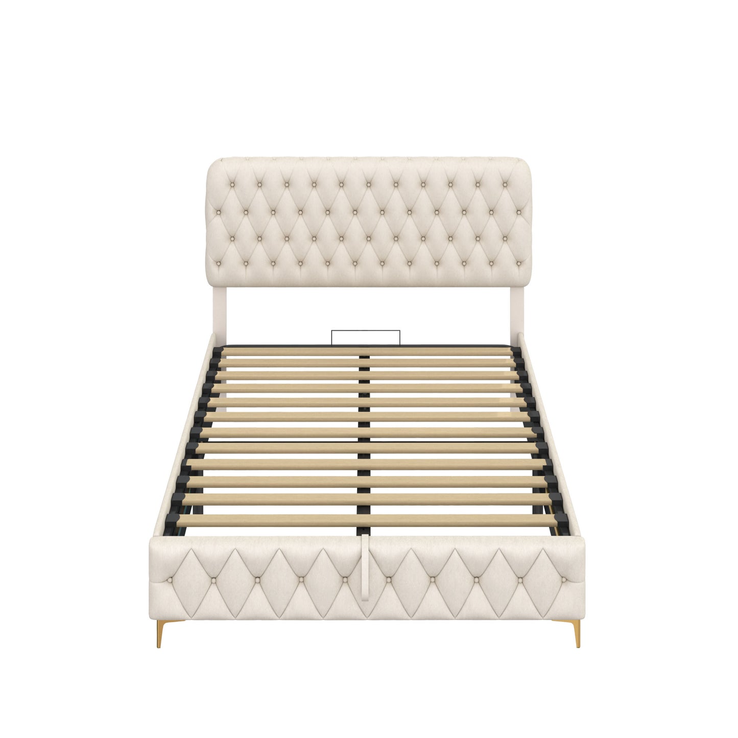 velvet upholstered bed with deep tufted buttons & pneumatic hydraulic function, beige