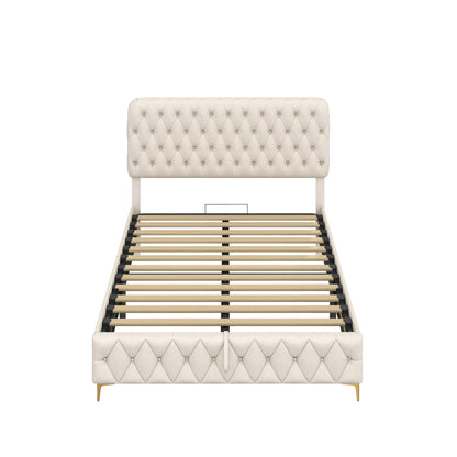 Velvet Upholstered Bed with Deep Tufted Buttons & pneumatic hydraulic function, Beige