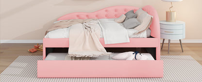 PU Upholstered Tufted Daybed with Trundle and Cloud Shaped Guardrail, Pink