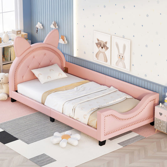 Upholstered Daybed with Carton Ears Shaped Headboard, Pink