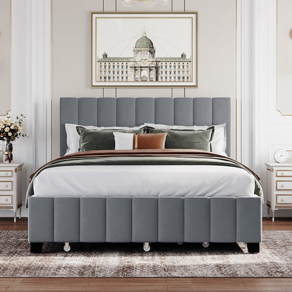 Elegant Velvet Upholstered Platform Bed with 2 Drawers and 1 Twin XL Trundle- Gray